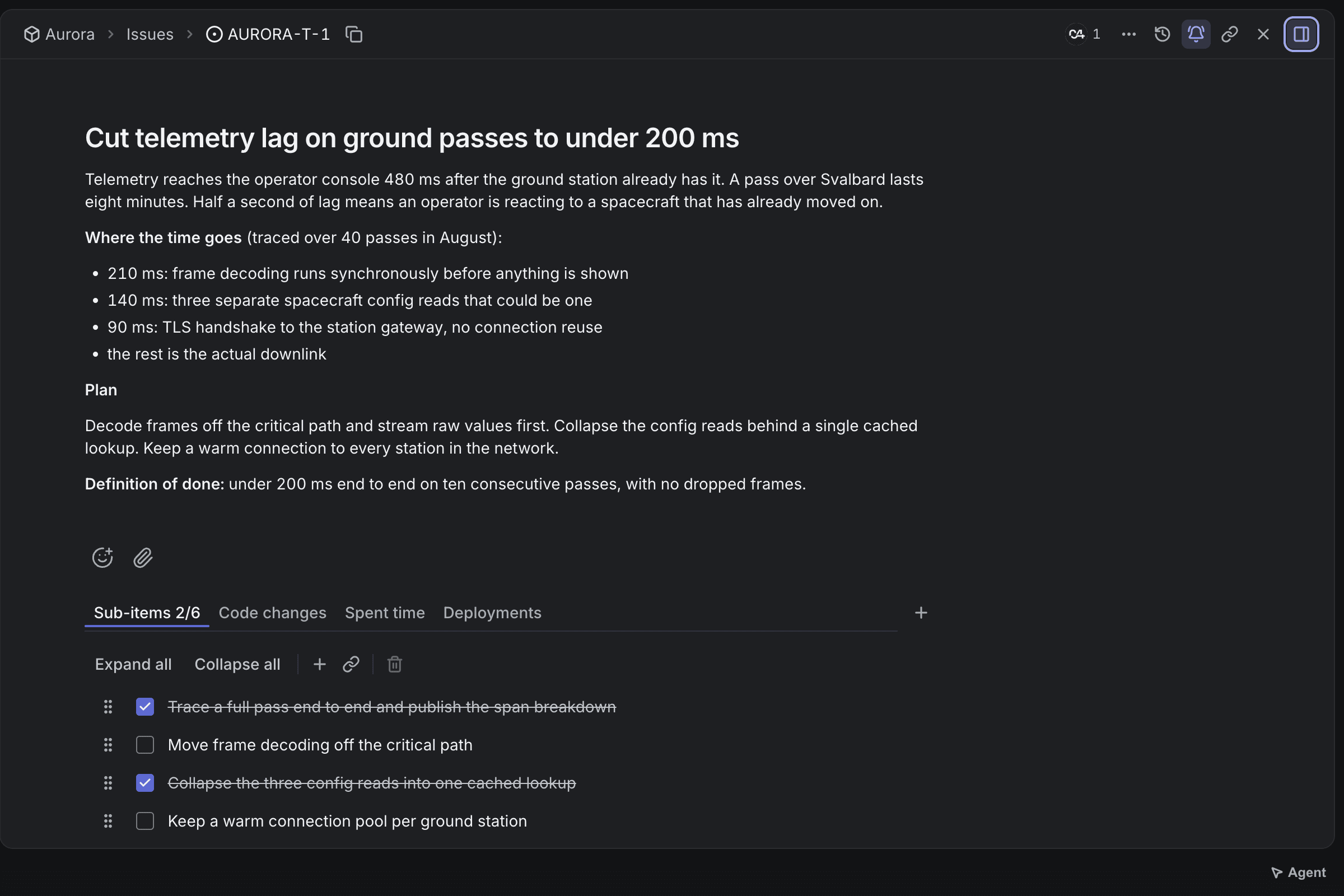 Issue view in code4.space with description, checklist and activity